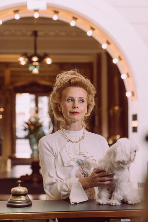 Free A sophisticated woman with a Maltese dog stands in a luxurious hotel lobby, exuding elegance. Stock Photo