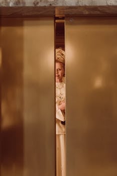 A fashionable woman seen through partially opened vintage elevator doors.