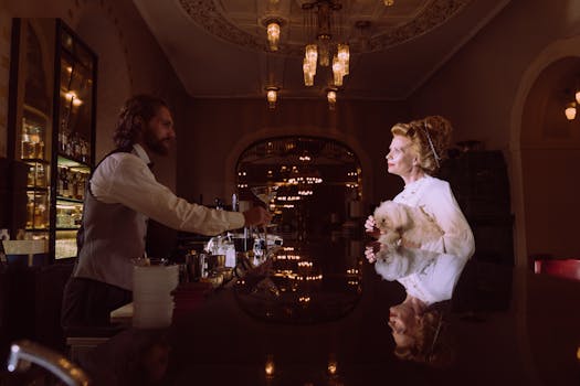 在一家经典的酒店酒吧里，一位时尚的女士带着一只狗，和一位留着胡子的调酒师共度了一个优雅的夜晚