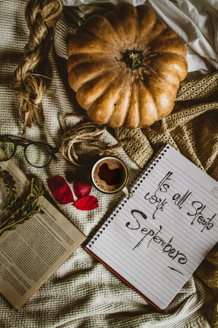 Top view of notepad with written title near cup of coffee and pumpkin on creased fabric with book and rose petals