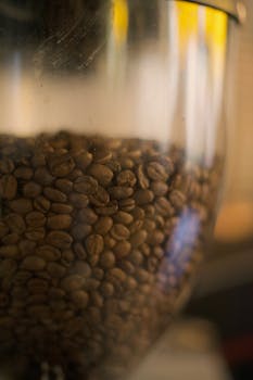 Detailed close-up shot of roasted coffee beans inside a transparent jar.