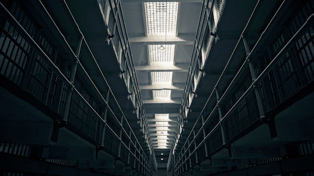 A low-angle view of Alcatraz prison cell block, showcasing steel railings.