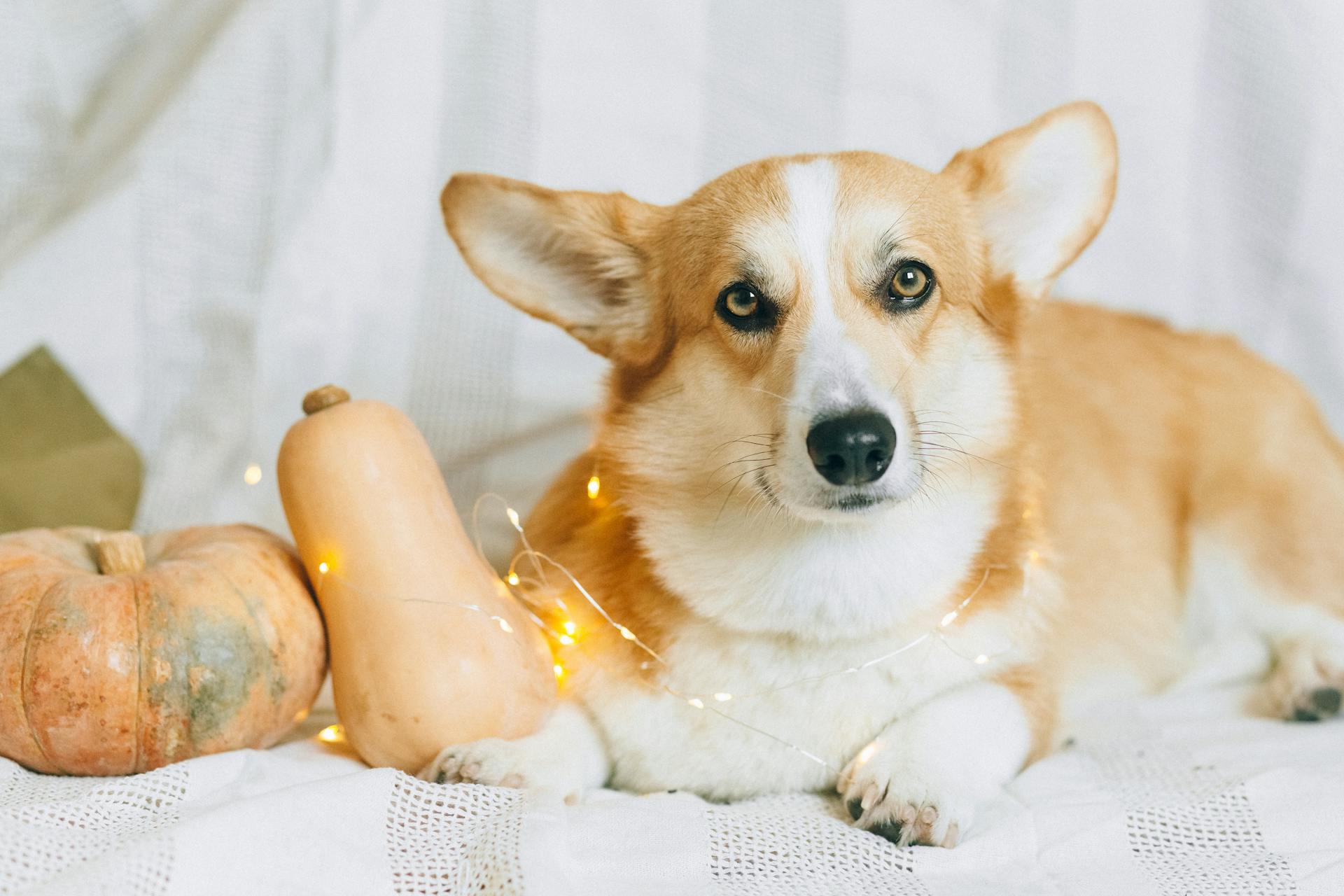 En brunvit corgivalp som ligger på vit tyg