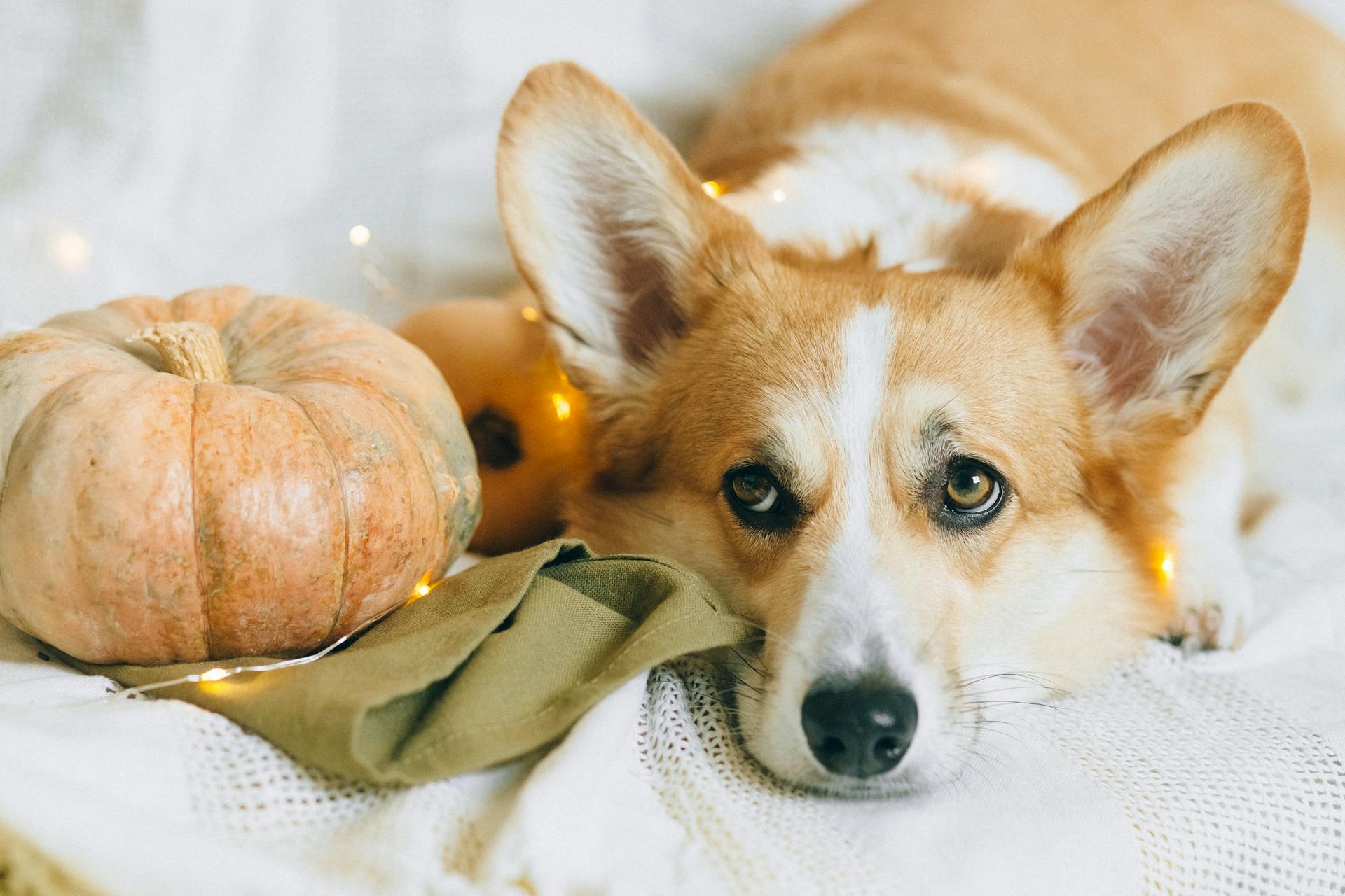 Bruine en witte Corgi-puppy die op bruin textiel ligt