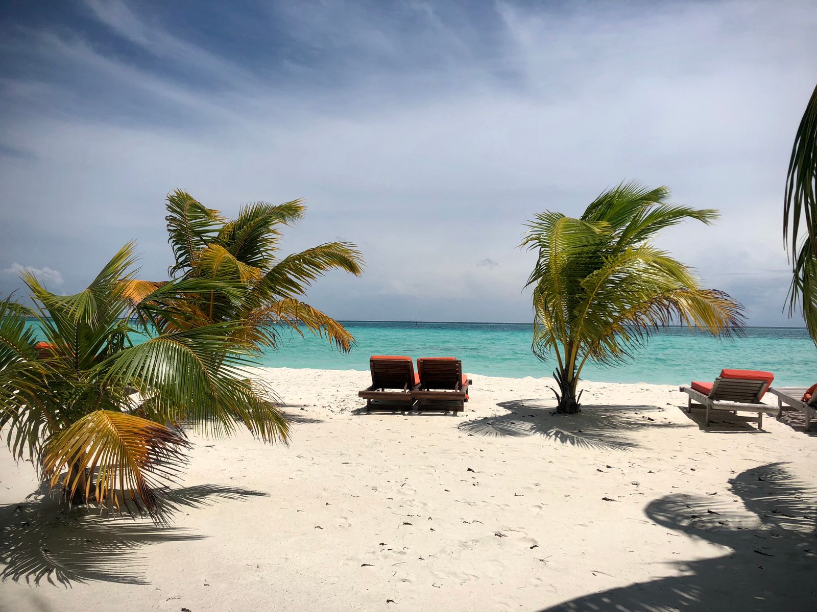 Outdoor lounge chairs beside a tropical beach