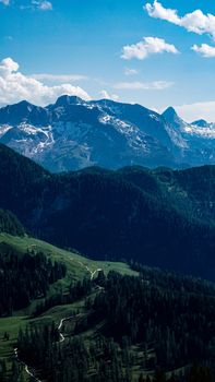 Breathtaking view of Bavarian Alps with lush greenery and snow-capped peaks.