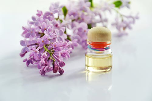Purple Flowers Beside a Clear Glass Bottle with Oil