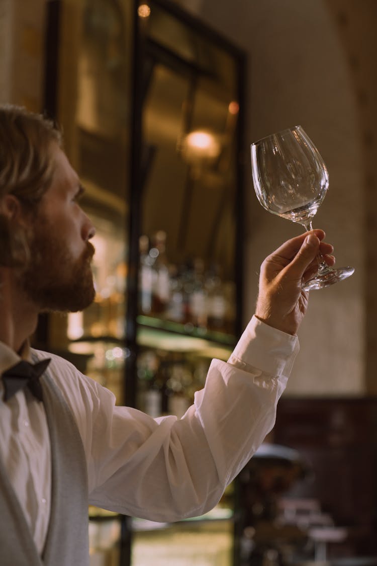 Bartender Looking And Checking A Wine Glass 