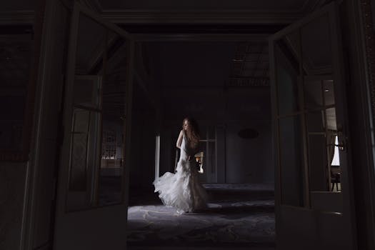 光线昏暗的房间里，一位身着白色连衣裙的新娘优雅地站着，散发着优雅的气息