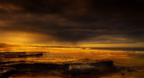 Free Experience the dramatic sunset over Whitley Bay beach with golden light and dramatic clouds. Stock Photo