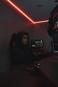 A man in a black hoodie sitting in a dark room with computers, suggesting a tech environment.