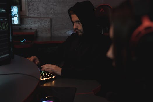 A man in a black hoodie works on a computer, focused on cyber security.