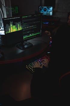 Person typing on RGB keyboard in a dark room with coding screens.
