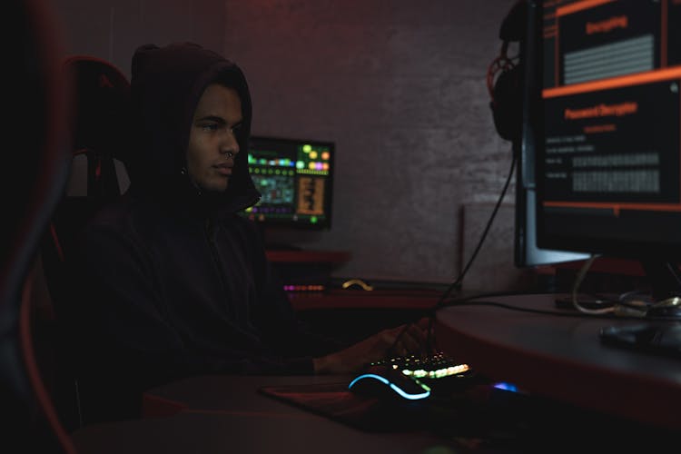 Man In Black Hoodie Using A Computer