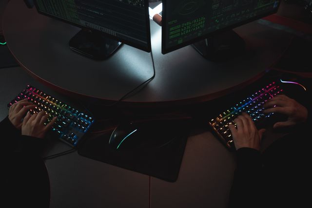 Two people typing on RGB keyboards with code on screens, indicating a cybersecurity environment. Related image for Cybersecurity: What Hotel Leaders Need to Know.