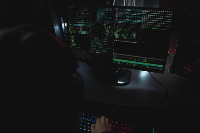 Dark room setup with code displayed on PC monitors highlighting cybersecurity themes. Related image for Cybersecurity: The Practical Guide for Hotel Teams.
