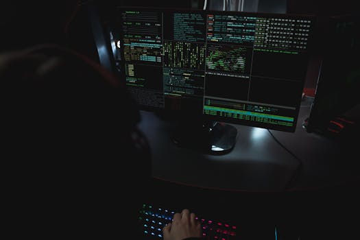Dark room setup with code displayed on PC monitors highlighting cybersecurity themes.