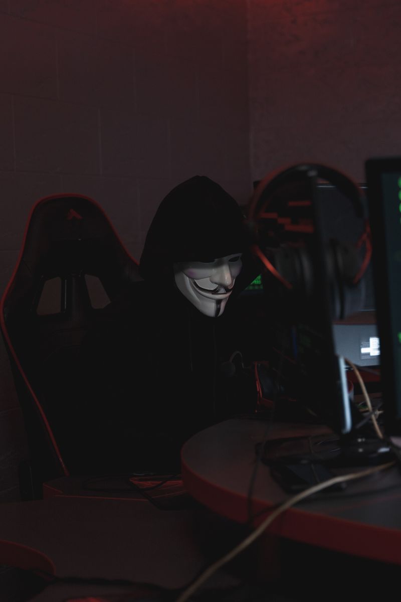 A masked hacker figure in a dim room facing a glowing terminal