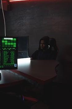 A person in a dark room working on computers, highlighting cybersecurity themes.