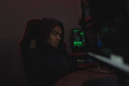 A man in a hoodie concentrates on digital security tasks in a dimly lit room.