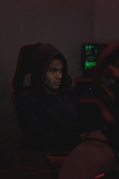 一名专注的男子身穿黑色连帽衫，在室内电脑前编程，画面体现了网络安全主题