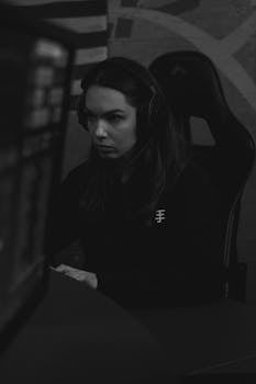 A focused female gamer wearing a headset, immersed in a gaming session indoors.