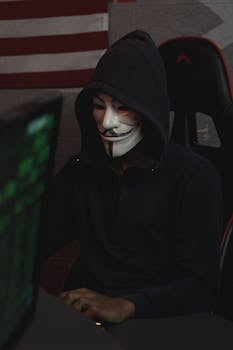 Masked hacker wearing a Guy Fawkes mask operates a computer, symbolizing cyber security threats.