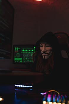 An anonymous person wearing a Guy Fawkes mask working on a computer in a dark room, suggesting cyber activities.