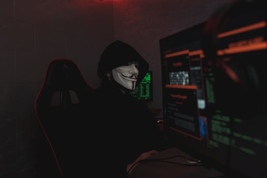 An anonymous hacker wearing a mask working on a computer in a dark room.