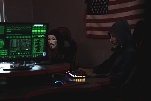 Two anonymous individuals wearing hacker masks use computers in a dark room with an American flag backdrop, highlighting cyber security themes.