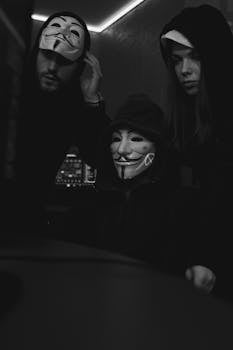 A group of hackers wearing Guy Fawkes masks work on computers indoors, symbolizing cybersecurity threats.