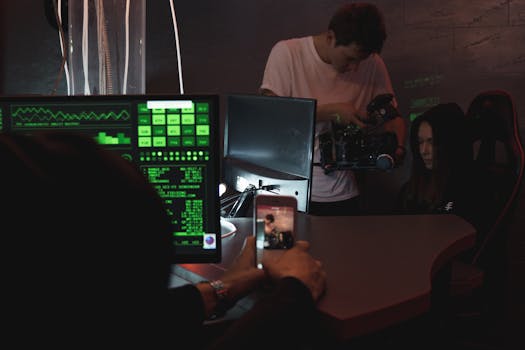 A team works on a technological filming setup showcasing monitors and equipment.