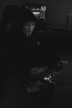 A hacker wearing a Guy Fawkes mask using a credit card in a dark room, symbolizing cybercrime.