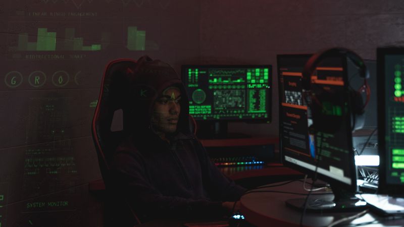A man in a black hoodie engaged in cybersecurity work using multiple monitors indoors.