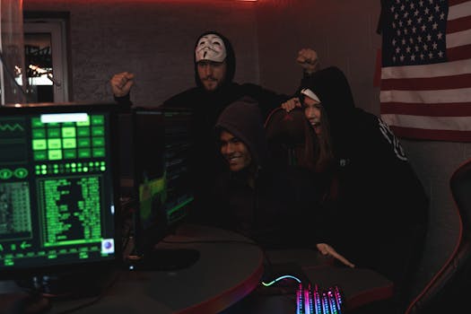 Group of tech enthusiasts in hoodies celebrate a successful cybersecurity operation indoors.