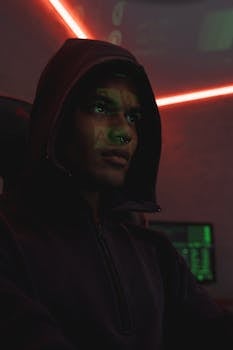 Close-up of a cybersecurity professional in a hoodie, surrounded by glowing screens in a dimly lit room.