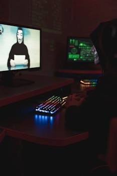 A hacker wearing a Guy Fawkes mask sitting in a dimly lit room with computers displaying code.