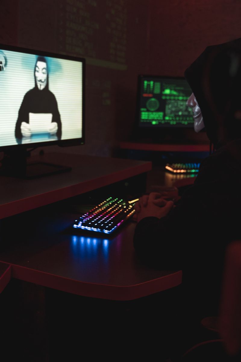 Hooded operator in a dark room with terminal screens and a Guy Fawkes mask