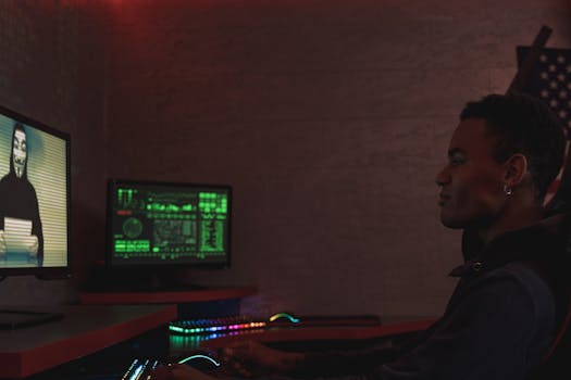 Online data security - A cybersecurity professional monitors data systems in a dark room, emphasizing protection and vigilance.