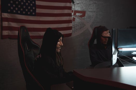 Two masked individuals in a dark room working on computers, symbolizing cyber security threats.