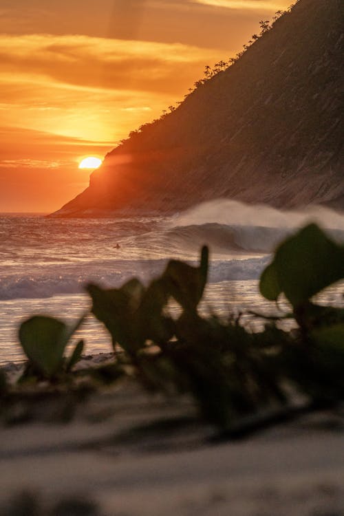 Sea Waves Crashing on the Seashore during Sunset