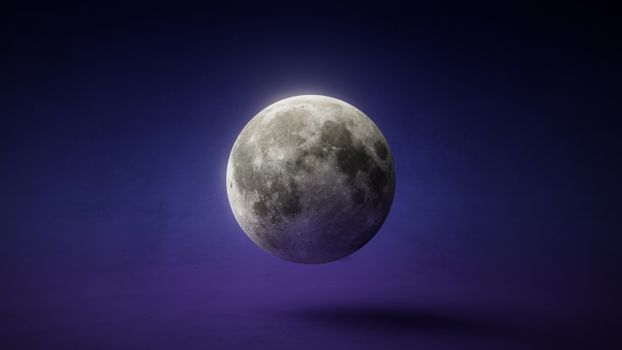 A stunning realistic 3D rendering of the full moon against a dark blue background.