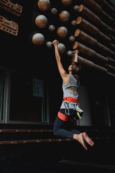 Woman practices climbing on an indoor training wall, focusing on technique and strength.