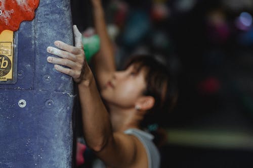Free Side view focused young Asian female in sportswear with chalk on hands climbing wall in modern sports center and looking up Stock Photo