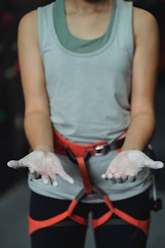 Close-up of a female climber's chalked hands, focusing on preparation and energy.
