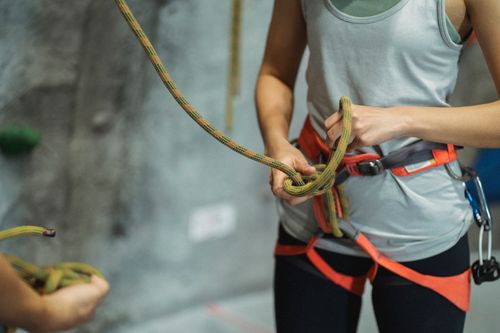 Free Crop anonymous fit female alpinist in sportswear tying safety rope near crop trainer during practice Stock Photo