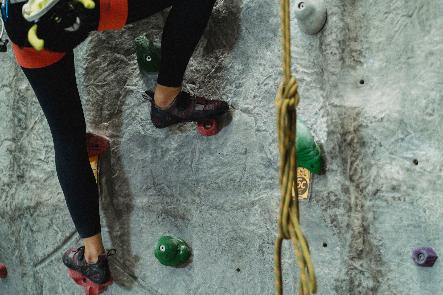 Crop anonymous risky female with belaying equipment training on stony gray climbing wall
