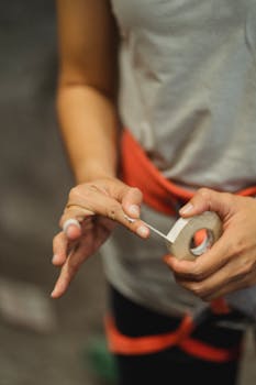 Climber preparing for ascent by securing fingers with tape for grip and protection.