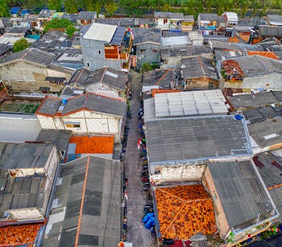 Aerial perspective of densely packed residential area in Jakarta, Indonesia.