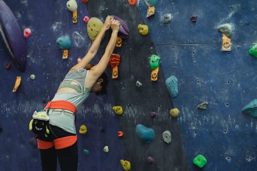 Back view of unrecognizable young slim female climber in activewear and safety sit harness hanging on wall during bouldering in gym